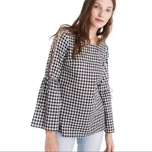 Madewell Gingham Lace-Up Bell-Sleeve Top